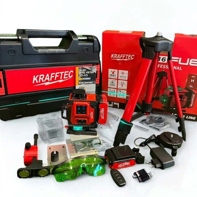 Лазерный нивелир Krafftec 16 линий 4D 360 самовыравнивающийся со штативом зеленым лазером аккумулятором 5 Ah и кейсом - изображение 13