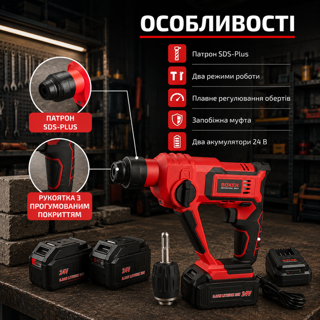 Аккумуляторный перфоратор Boxer SR 147 24 В 3 Ah SDS Plus с двумя аккумуляторами бесщеточным двигателем 5000 уд мин для сверления бетона металла и дерева - Фото 2 Аккумуляторный перфоратор Boxer SR 147 24 В 3 Ah SDS Plus с двумя аккумуляторами бесщеточным двигателем 5000 уд мин для сверления бетона металла и дерева - изображение 2