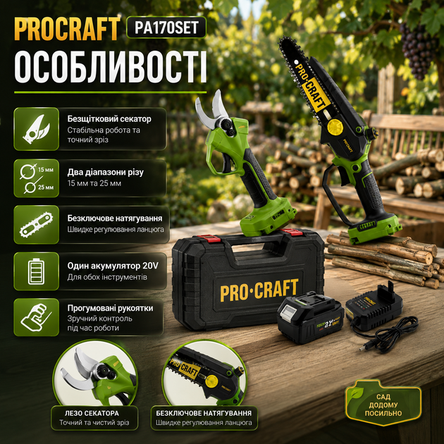Набір акумуляторних інструментів Procraft PA170SET 20V 3Ah 2в1 із безщітковим секатором ES22Li та міні ланцюговою пилою PKA37 у кейсі для обрізання гілок винограду та садових робіт - зображення 2