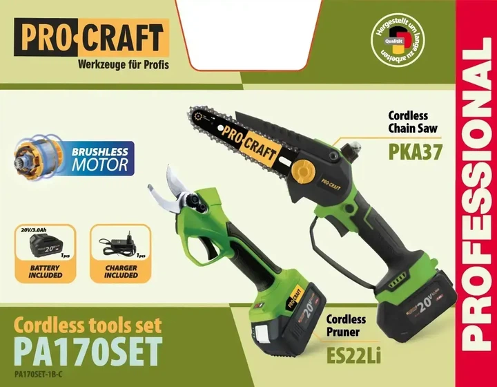 Набір акумуляторних інструментів Procraft PA170SET 20V 3Ah 2в1 із безщітковим секатором ES22Li та міні ланцюговою пилою PKA37 у кейсі для обрізання гілок винограду та садових робіт - зображення 6