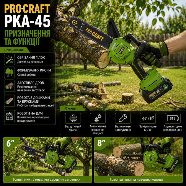 Аккумуляторная цепная пила Procraft PKA45 20V 2Ah с бесщеточным двигателем аккумулятором зарядным устройством шинами 6 и 8 дюймов и бесключевой натяжкой цепи - изображение 2