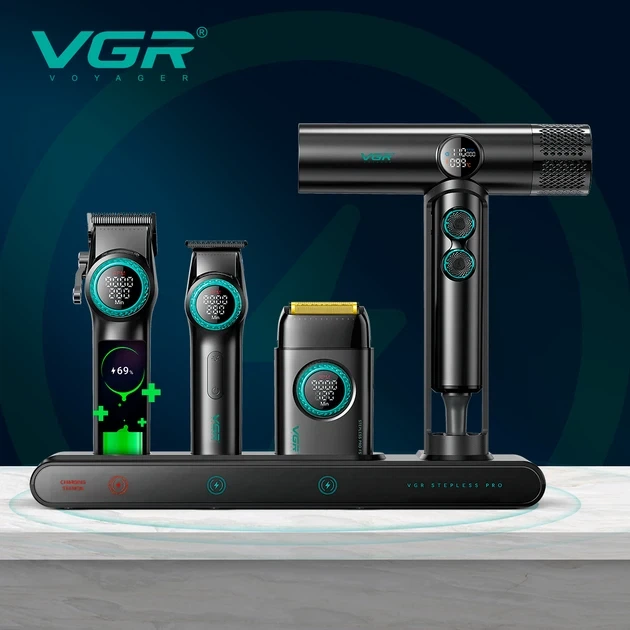 Набор 4 в 1 VGR STEPLERSS PRO для стрижки и ухода: машинка, триммер, электробритва, фен с ионизацией и LED-дисплеем, Черный корпус - изображение 6