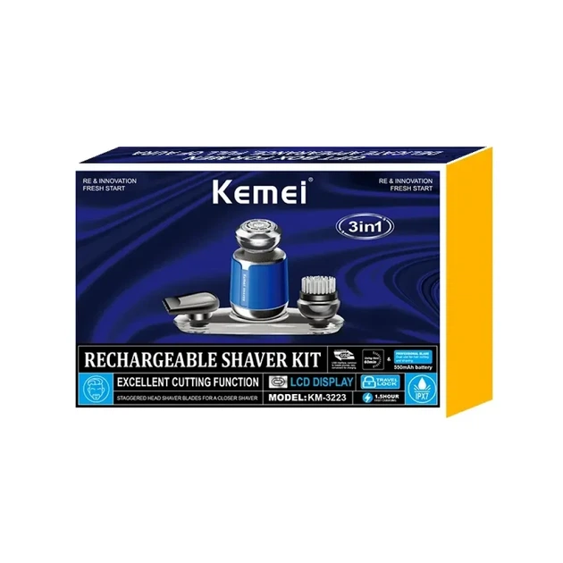 Набор для бритья Kemei KM-3223 3 в 1 с триммером и щеткой для лица аккумуляторный 550 mAh Синий профессиональный уход для мужчин - изображение 6