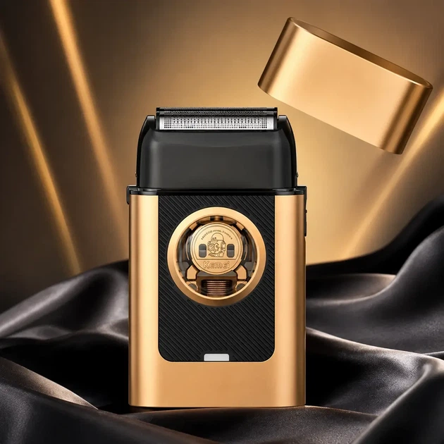 Электробритва Kemei KM-T409 аккумуляторная сеточная 3 лезвия 8000 об/мин USB-C бесщеточный двигатель золотисто-черная для сухого бритья мужская - изображение 2