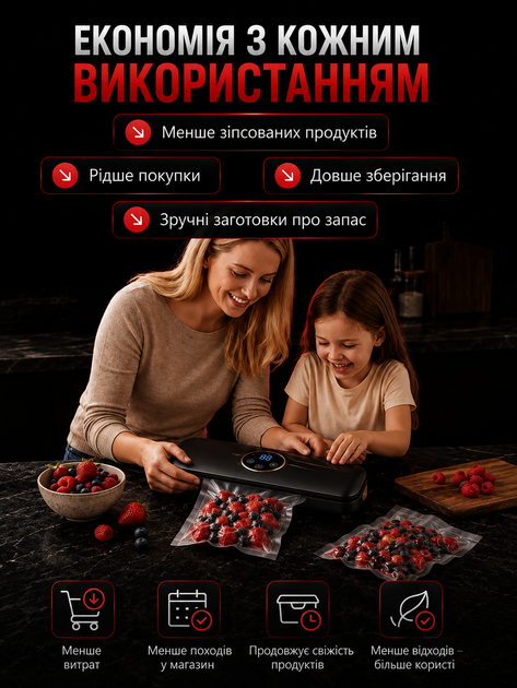 Вакууматор для їжі продуктів вакуумний побутовий пакувальник домашній кухонний апарат 120 Вт 60 кПа з дисплеєм запаювання герметизації пакетів зберігання заморожування - зображення 4