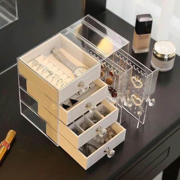 Скринька для зберігання ювелірних прикрас Прозора 4 ящики, 3 секції для підвісок - изображение 4