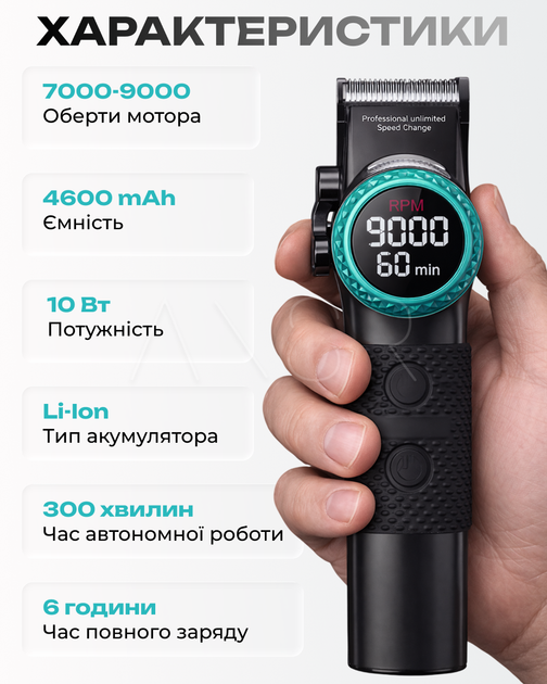 Професійна машинка для стрижки волосся VGR V-001 Black (9000 об/хв) з потужною батареєю 4600 mAh та 10 насадками - Фото 5 Професійна машинка для стрижки волосся VGR V-001 Black (9000 об/хв) з потужною батареєю 4600 mAh та 10 насадками - зображення 5
