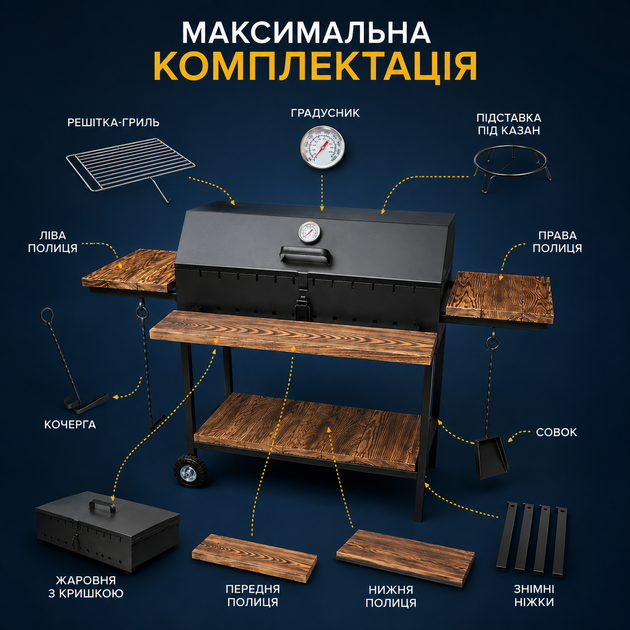Мангал-барбекю Lux 3 мм на 12 шампурів | Розбірний | З дерев'яними полицями, термометром, підставкою під казан, решіткою-гриль, кочергою та совком - Фото 4 Мангал-барбекю Lux 3 мм на 12 шампурів | Розбірний | З дерев'яними полицями, термометром, підставкою під казан, решіткою-гриль, кочергою та совком - изображение 4