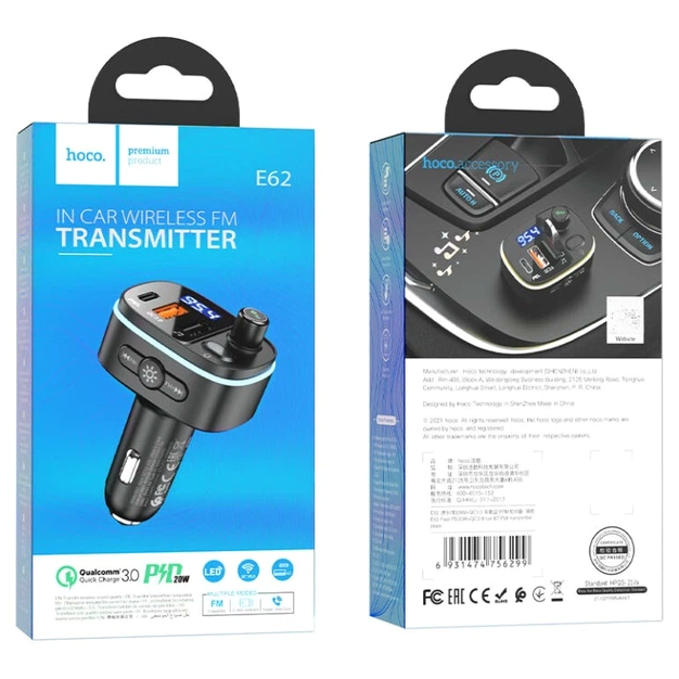 FM трансмиттер и автомобильное зарядное устройство 3.0A PD20W Bluetooth 5.0 Hoco E62 черный - зображення 9