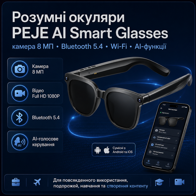Смарт-очки PEJE AI с камерой 8MP и переводом в реальном времени (Черные линзы) - изображение 4