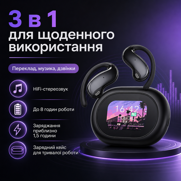 Бездротові навушники MINISO з AI-перекладом та LCD-екраном - зображення 4