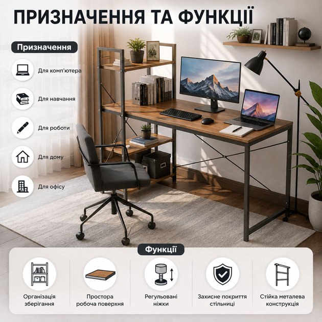 Письмовий стіл для компютера та навчання 120х60 см зі стелажем металевим каркасом і полицями МДФ - зображення 3