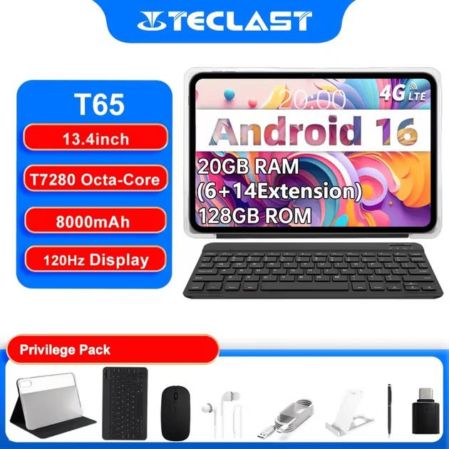 Планшет-ноутбук Teclast T65 13.4" | 20 ГБ ОЗУ + клавиатура, чехол, мышка, наушники - Фото 3 Планшет-ноутбук Teclast T65 13.4" | 20 ГБ ОЗУ + клавиатура, чехол, мышка, наушники - изображение 3