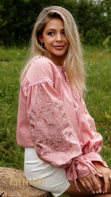 Вишита лляна сорочка «Дерево роду» колір пудровий, one size - Фото 4 Вишита лляна сорочка «Дерево роду» колір пудровий, one size - зображення 4