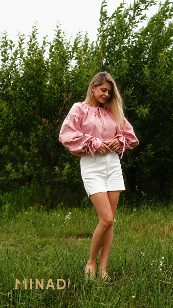 Вишита лляна сорочка «Дерево роду» колір пудровий, one size - Фото 8 Вишита лляна сорочка «Дерево роду» колір пудровий, one size - зображення 8