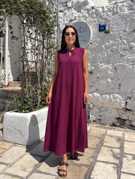 Жіночна однотонна максі-сукня зі штапелю INNOE 270521-2, р. 44-46 Бордовий - Фото 5 Жіночна однотонна максі-сукня зі штапелю INNOE 270521-2, р. 44-46 Бордовий - изображение 5