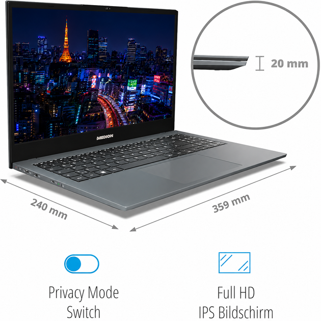 Ноутбук 15,6" Medion (Lenovo Group) E15423 | IPS (1920x1080) FullHD | Intel Core i5-1155G7 | Intel Iris Xe Graphics | RAM 16 ГБ | SSD 512 ГБ | Win11 (5451) - Уценка - изображение 6