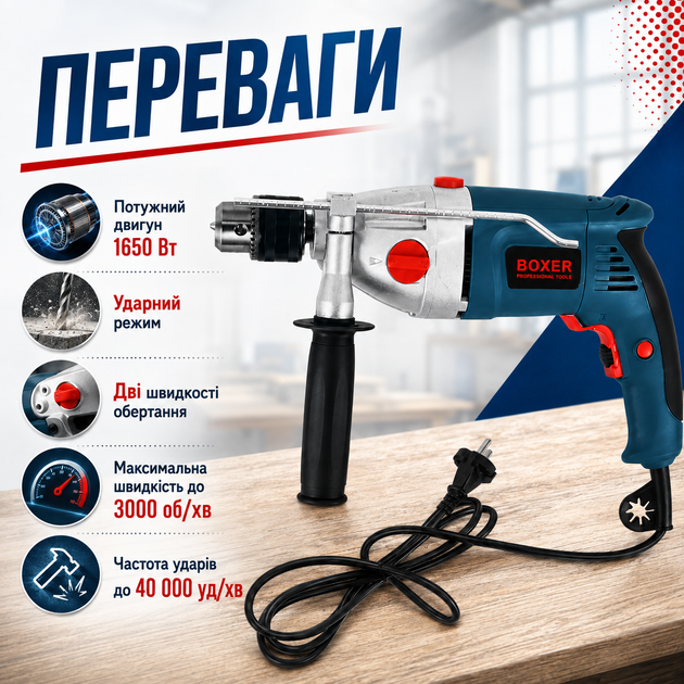 Ударная сетевая дрель BOXER SR-052 мощностью 1650 Вт с двухскоростным режимом, зубчатым патроном, дополнительной рукояткой и ограничителем глубины - изображение 2