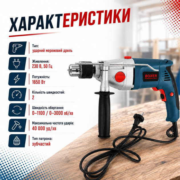 Ударная сетевая дрель BOXER SR-052 мощностью 1650 Вт с двухскоростным режимом, зубчатым патроном, дополнительной рукояткой и ограничителем глубины - изображение 4
