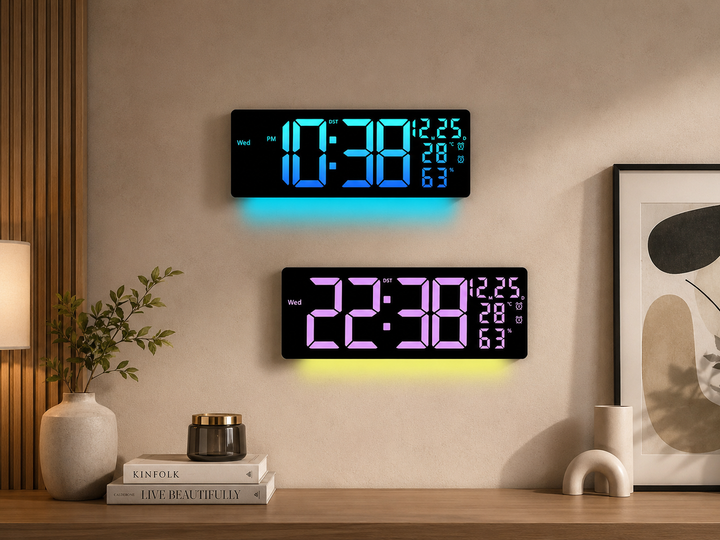 Настенные электронные LED часы 6669R с RGB подсветкой, термометром, гигрометром, будильником и пультом ДУ (42х15.5х3.5 см) - Фото 6 Настенные электронные LED часы 6669R с RGB подсветкой, термометром, гигрометром, будильником и пультом ДУ (42х15.5х3.5 см) - изображение 6