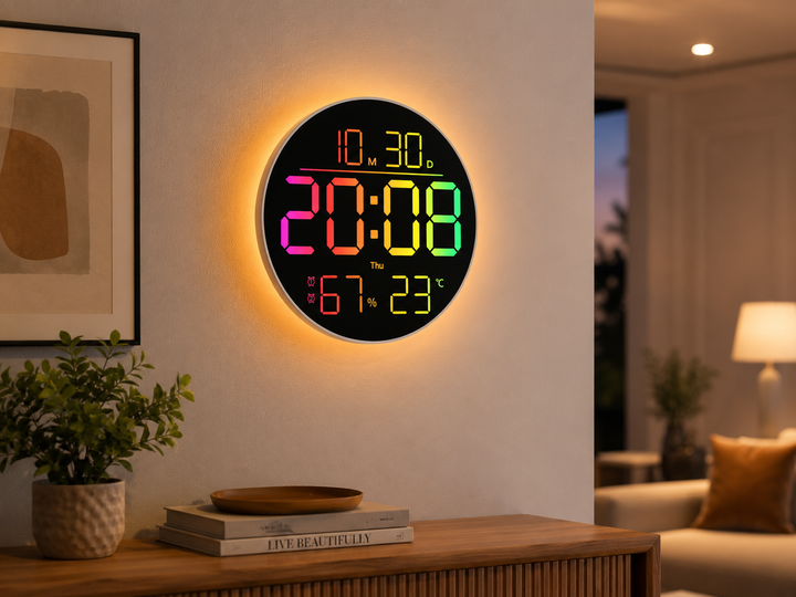 Настенные LED-часы 6695R круглые RGB с пультом управления и календарем 25,5 см 13 цветов цифр для дома - изображение 2