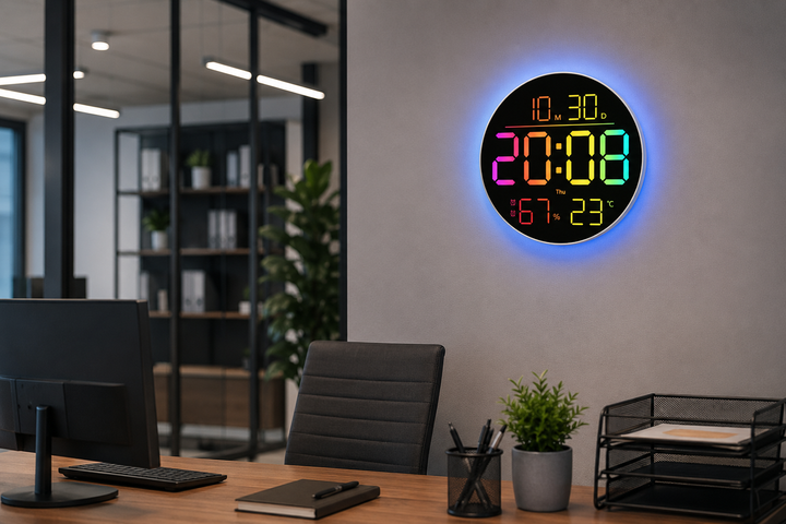 Настенные LED-часы 6695R круглые RGB с пультом управления и календарем 25,5 см 13 цветов цифр для дома - изображение 4