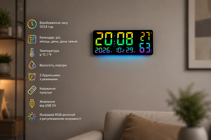 Цифровые LED-часы GH0750 RGB настенные и настольные с пультом ДУ будильником календарем термометром и гигрометром 35х15х3 см - изображение 7