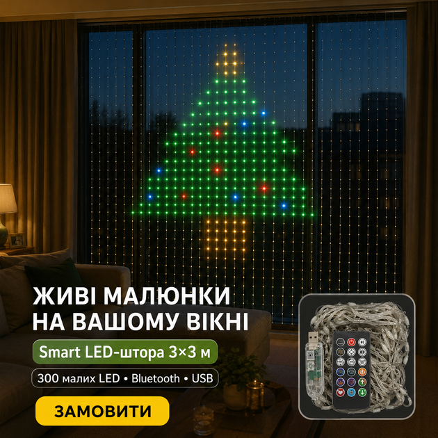 Розумна світлодіодна гірлянда-штора 3×3 м Curtain Light RGBW з музичним режимом та голосовим керуванням - зображення 7
