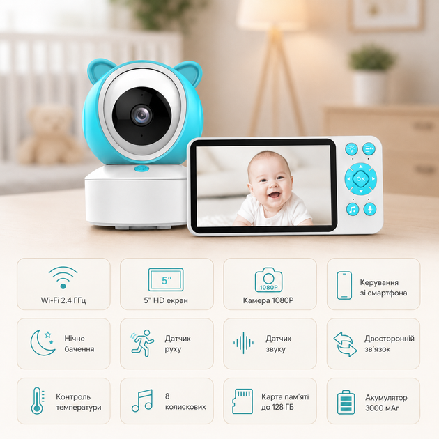 Відеоняня C8 WiFi з екраном 5 дюймів керування зі смартфона, датчик звуку, руху, нічне бачення - изображение 4