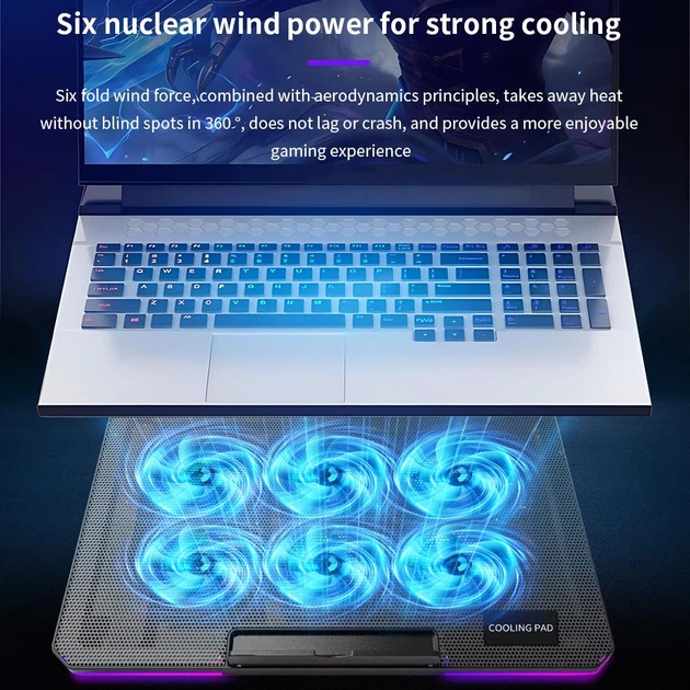 Подставка для ноутбука, охлаждающая Givecool X8 с регулировкой угла наклона (до 17", 2USB, 6 вентиляторов, RGB подсветка, подставка для телефона) - изображение 2