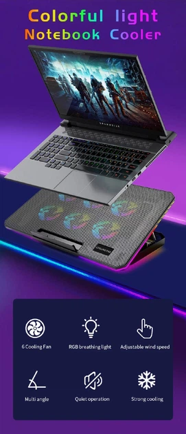 Подставка для ноутбука, охлаждающая Givecool X8 с регулировкой угла наклона (до 17", 2USB, 6 вентиляторов, RGB подсветка, подставка для телефона) - изображение 9