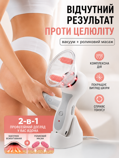 Вакуумно-роликовый антицеллюлитный массажер аккумуляторный с 2 вакуумными насадками 1 и 2 ролика + зарядная база - изображение 3