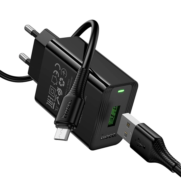 Зарядное устройство Hoco CS92A, USB 18W с поддержкой Quick Charge 3.0, LED-индикатор, сетевой адаптер с кабелем USB to Micro 1 м Black - изображение 6