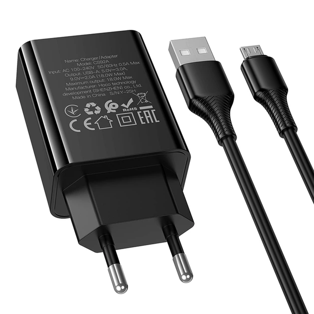 Зарядное устройство Hoco CS92A, USB 18W с поддержкой Quick Charge 3.0, LED-индикатор, сетевой адаптер с кабелем USB to Micro 1 м Black - изображение 7