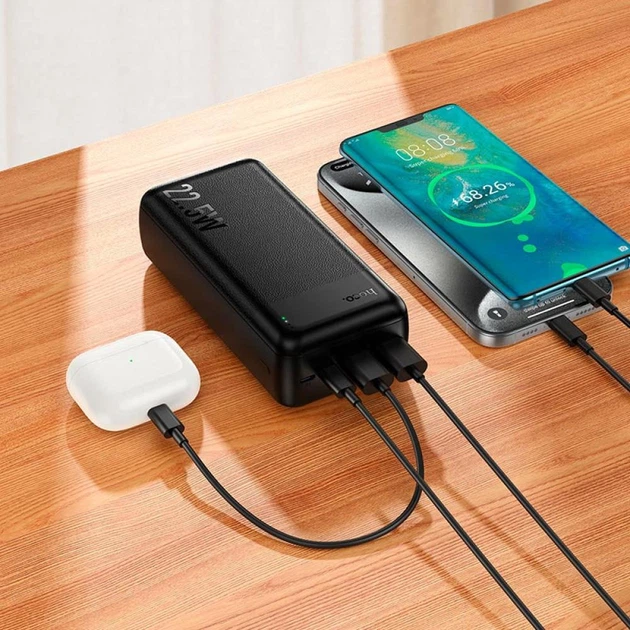 Павербанк Hoco 30000mAh 22.5W Павербанк Hoco J159B Essence зі швидкою зарядкою, Портативний зовнішній акумулятор, порти 2USB/1Type-C, LED-індикатор Чорний - зображення 7