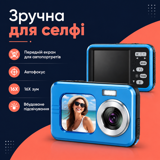 Аккумуляторная подводная цифровая камера 4K с двумя экранами и картой памяти 64 ГБ - изображение 2