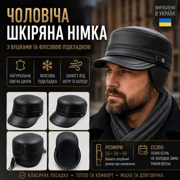 Чоловіча кепка німка з натуральної шкіри барана з вушками, флісова підкладка, чорна, розміри 56-60 - зображення 2