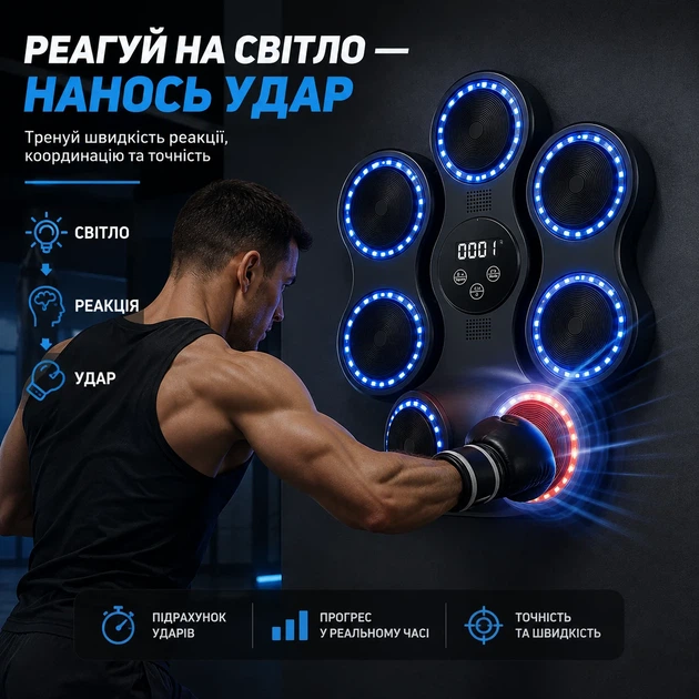 Настінний боксерський тренажер ProDobro PP_4419 розумна мішень LED Bluetooth 45,5х37,5х10 см пластик чорний - зображення 3