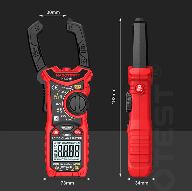 Токовые клещи HABOTEST HT206D (AC/DC 600A,600В,10 МГц, 60MOm, 100мФ, TrueRMS, LowZ, LPF, NCV, TºС) - изображение 3