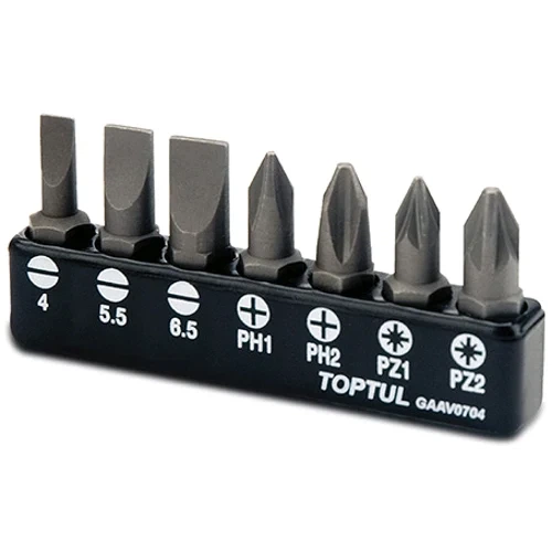 Набор бит TOPTUL GAAV0704 1/4" 7 шт SL 4-6.5 мм PH1-2 PZ1-2 пластиковый держатель - Фото 1 Набор бит TOPTUL GAAV0704 1/4" 7 шт SL 4-6.5 мм PH1-2 PZ1-2 пластиковый держатель - изображение 1