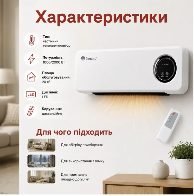 Настінний кондиціонер тепловентилятор 2в1 з пультом MS-5963 Кондиціонер тепло холод 20 м² Тепловентилятор настінний 2000 Вт - изображение 2