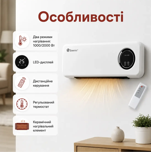 Настінний кондиціонер тепловентилятор 2в1 з пультом MS-5963 Кондиціонер тепло холод 20 м² Тепловентилятор настінний 2000 Вт - изображение 4