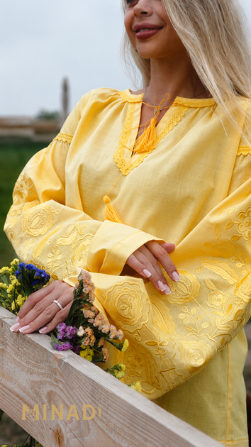 Вишита лляна сорочка «Дерево роду» колір яскраво жовтий, one size - изображение 2