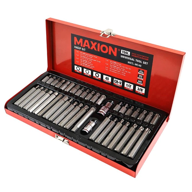 Набор бит MAXION MXTL-MC40 40 шт Cr-V, звездочки Torx T20-T55, шестигранники HEX H4-H12, SPLINE M5-M12, 30/75 мм - Фото 1 Набор бит MAXION MXTL-MC40 40 шт Cr-V, звездочки Torx T20-T55, шестигранники HEX H4-H12, SPLINE M5-M12, 30/75 мм - изображение 1