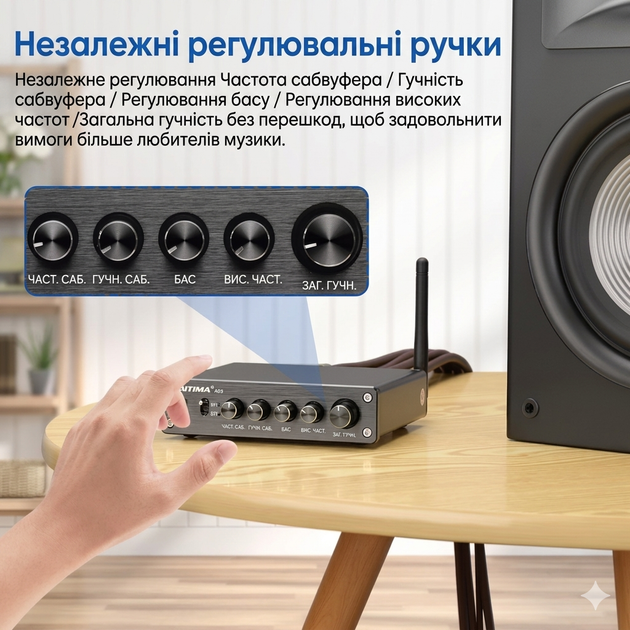 Підсилювач звуку AIYIMA A03 2.1 канальний Bluetooth 5.0 200 Вт з блоком живлення 24 В 4.5 А Чорний Hi-Fi стереопідсилювач для сабвуфера та колонок з регулюванням частот та металевим корпусом TPA3116D2 - зображення 4