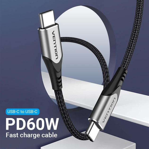 Кабель Type-C-Type-C Vention TPE Nylon PD 60W 3A 480Mps Nickel-Plated 1.5m Grey (TADHG) - зображення 5