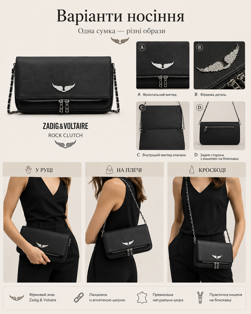 Сумка клатч Zadig & Voltaire Rock чорна — жіноча через плече з двома ремінцями та пильником у комплекті - зображення 2