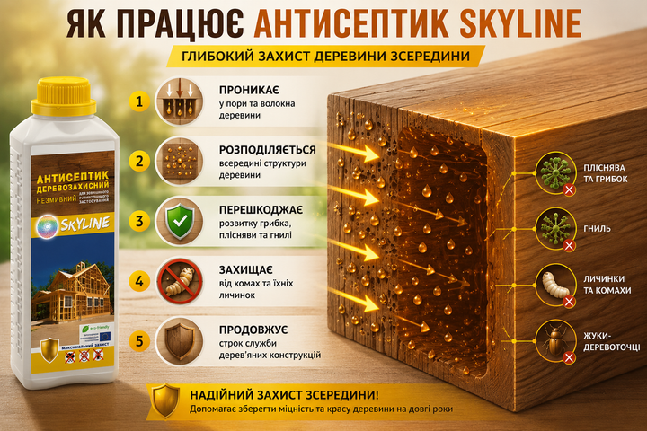 Антисептик просочувальний для обробки деревини незмивний SkyLine 1л - зображення 7
