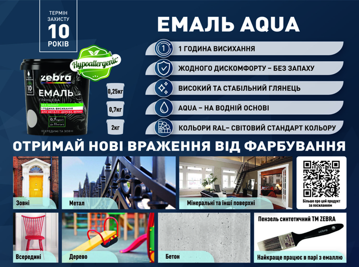 Эмаль акриловая для дерева и металла ZEBRA Aqua глянцевая 90 Черный RAL 9005 0.25 кг - изображение 3