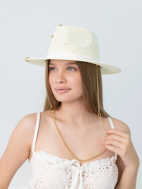 Капелюх федора з золотистим ланцюгом D.Hats Молочний - Фото 2 Капелюх федора з золотистим ланцюгом D.Hats Молочний - зображення 2